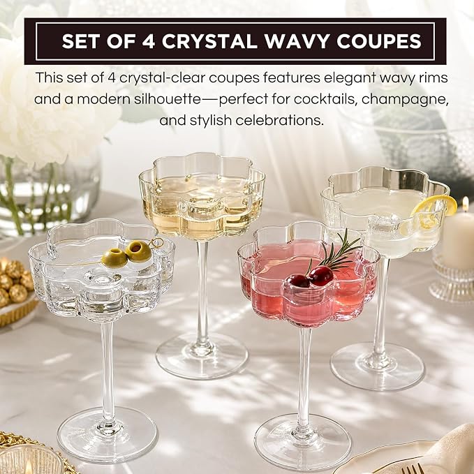 Flower Scalloped Vintage Wavy Petals Wave Glass Coupes 7oz Colorful Martini, Champagne & Cocktails, 4 Set Clear Rippled Champagne Glasses, Elegant Bar Glassware, Unique Aesthetic Coupe Glassware Gifts - Image 3