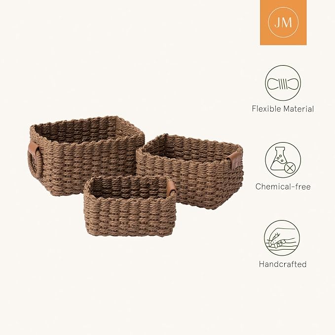 LA JOLIE MUSE Small Wicker Baskets for Organizing, Brown 3 Pack | Decorative Organizer with Vegan Leather Tag, Round Handle, Storage Baskets for Shelves, Bedroom, Kitchen, Office and Home - Image 5