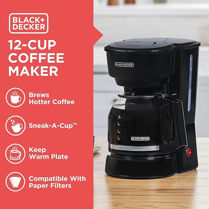 BLACK+DECKER 12-Cup Coffee Maker with Easy On/Off Switch, Easy Pour, Non-Drip Carafe with Removable Filter Basket, Vortex Technology, Black (Pack of 4) - Image 2