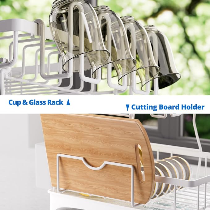 Godboat 2-Tier Dish Drying Rack - Dish Rack with Auto Drain-to-Sink & Mat | Dish Racks for Kitchen Counter, Dish Drainer with Knife Fork & Cup Rack, Gifts for Women, Mothers Day, Kitchen Gadgets, White - Image 6