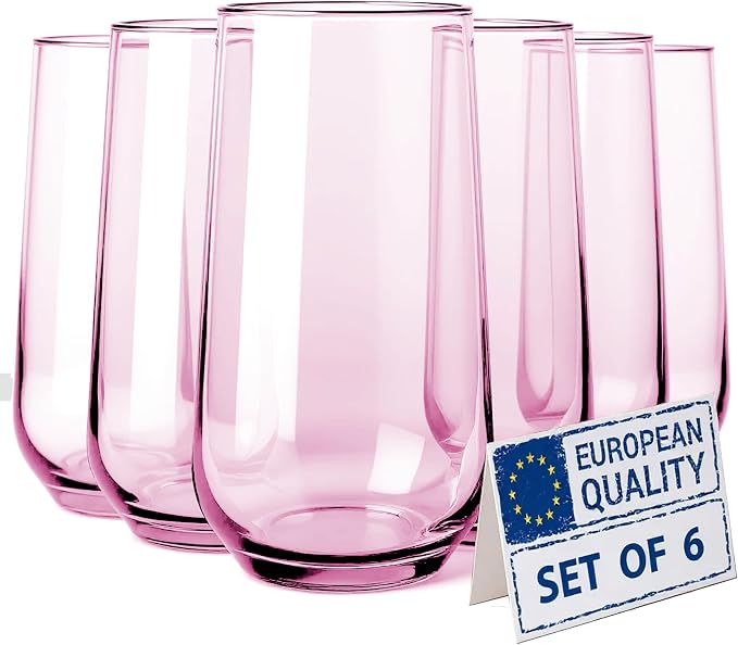 Pink Drinking Glasses Set of 6 | Translucent Rose Glassware | 16 oz Blush Pink Glass Cups | Highball Drinkware for Cocktails, Long Drink, Mojito, Juice, Soda | Modern Pastel Drinkware by Biandeco