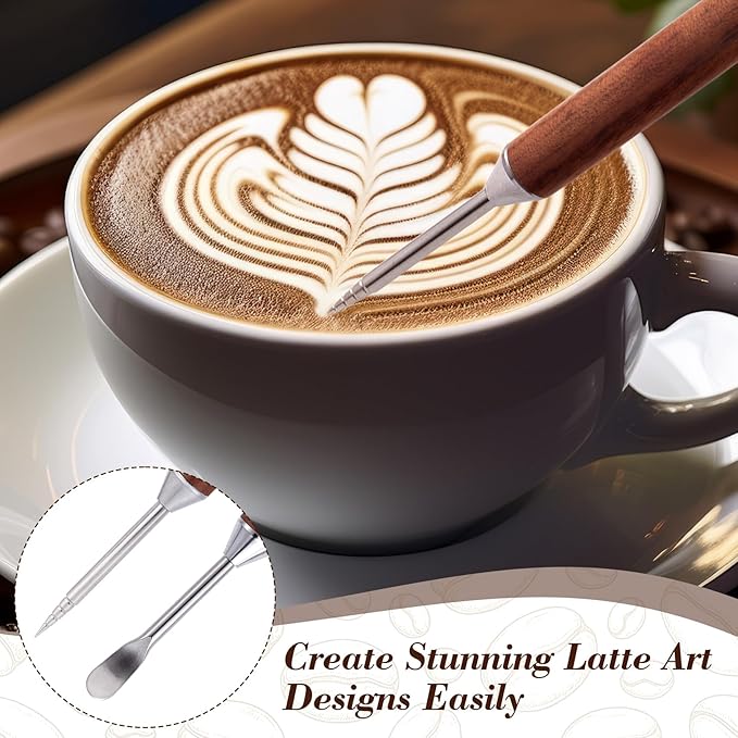 2 Pcs Double-Ended Latte Art Pen, Coffee Drawing Tool with Wood Handle, Latte Art Tools, Coffee Pen for Espresso Designs, Cafe and Home Use (2 Styles)