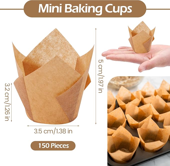150 Pcs Mini Cupcake Liners Muffin Liners Baking Cups | Tulip Cupcake Liner for Baking Wedding, Birthday, Baby Shower Parties, Natural - Image 2