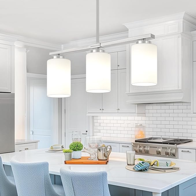 Brushed Nickel Kitchen Island Lighting Modern Dining Room Light Fixtures | 3-Light Linear Chandelier Over Table, 21.25'' Island Lights for Kitchen White Frosted Glass Shades, Adjustable Height by YUEMZSChandelierforLiving