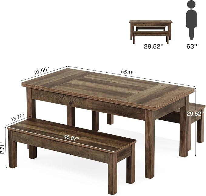 Tribesigns Farmhouse Kitchen Table Set for 4-6, 55-Inch Wooden Dining Table with 2 Benches, Space Saving 3 Pieces Heavy Duty Dinette for Dining Room, Kitchen, Small Space (Wood Hemp) - Image 2