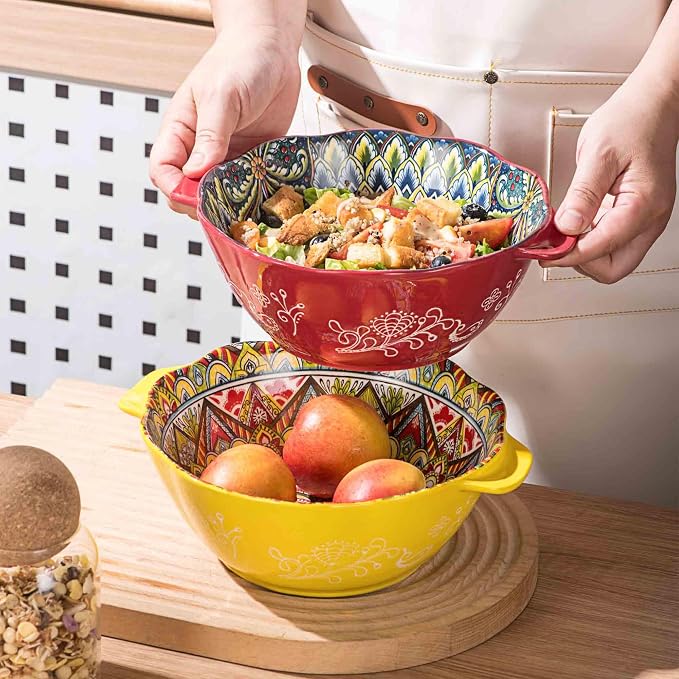 Henten Home Bohemia Large Bowls with Handle, 49 oz Ceramic Soup Bowl Set of 2, Porcelain Pho Bowl, Floral Noodle Bowls Set for Kitchen, Ramen, Udon, Microwave & Dishwasher Safe - Image 3