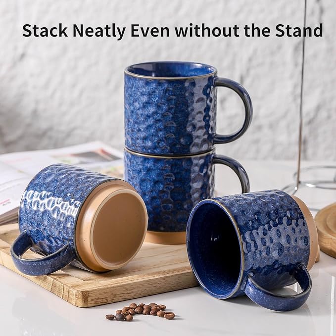 Nihow 16 OZ Ceramic Coffee Mug with Stackable Stand,Set of 4,Blue | Stainless Stand Included, Cappuccino & Tea, Hot/Cold Drinks, Dishwasher & Microwave Safe - Image 6