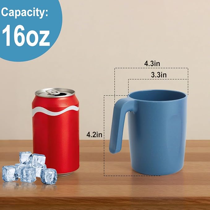 Wheat Straw Coffee Mugs 16 oz, Drinking Cups Set of 6, Plastic Mugs With Handle Unbreakable Coffee Cups, Microwave and Dishwasher Safe Tea Cups for Kitchen, Camping, RV - Blue - Image 2