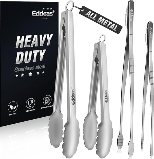 Tongs For Cooking Up To 600°F Metal Kitchen Tweezers Tongs 12", 9 in | Heat Resistant 600 Degrees, Heavy Duty Stainless Steel Cooking for Food, Grill, BBQ, Dishwasher safe Set of 4 by Eddeas