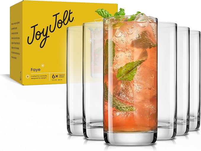 JoyJolt Faye 13oz Highball Glasses, 6pc Tall Glass Sets. Lead-Free Crystal Drinking Glasses. Water Glasses, Mojito Glass Cups, Tom Collins Bar Glassware, and Mixed Drink Cocktail Glass Set - Image 9