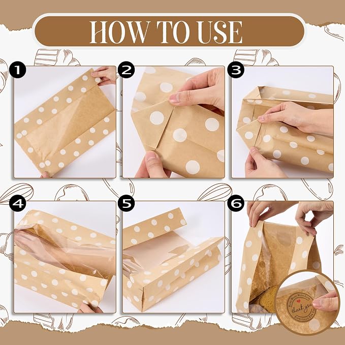 Feifeiya 100 Pack Kraft Paper Bread Bags for Homemade Sourdough Bread with Window & Stickers, 13.7x8.3 Large Bakery Bags for Loaves Greaseproof Food Packaging for Baking Gifts, Brown(Classic) - Image 6