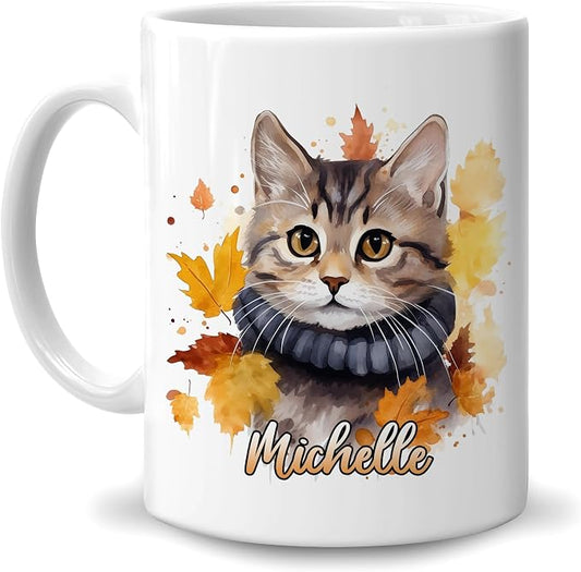 Hyturtle Personalized Fall Cat Maple Leaves Coffee Mug Gifts on Birthday | Gifts For Cat Lovers - Fall Autumn Decor Gift For Farmhouse Thanksgiving - Custom Name 11oz White Ceramic Coffee Tea Mug by Hyturtle