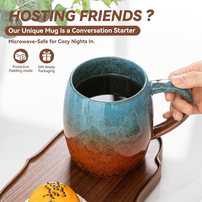 Handmade 22oz Ceramic Coffee Mug, Ergonomic Large Handle, Ideal Gift for Coffee Lovers, Microwave & Dishwasher Safe (Minute-Blue&Orange) - Image 2