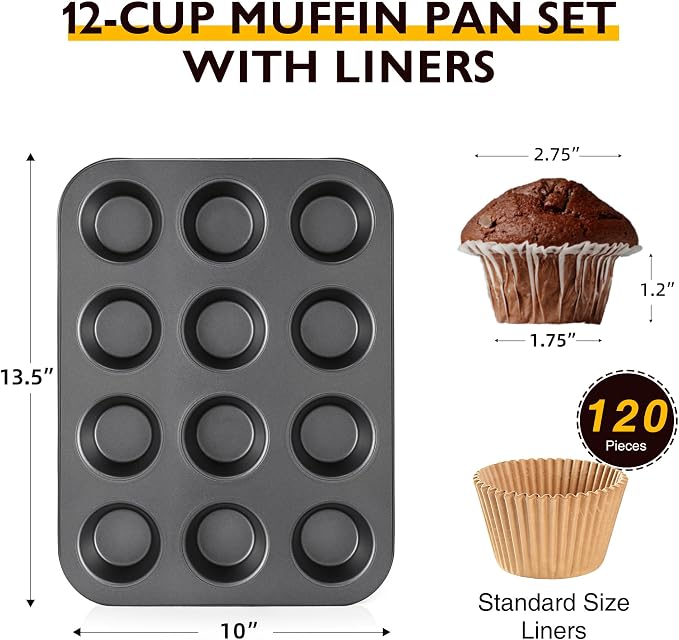 Muffin Pans with 120 Natural Parchment Liners, Nonstick Cupcake Baking Tray for Oven, Premium Standard Size, 12 Cup, 2 Pack, Dark Grey - Image 8