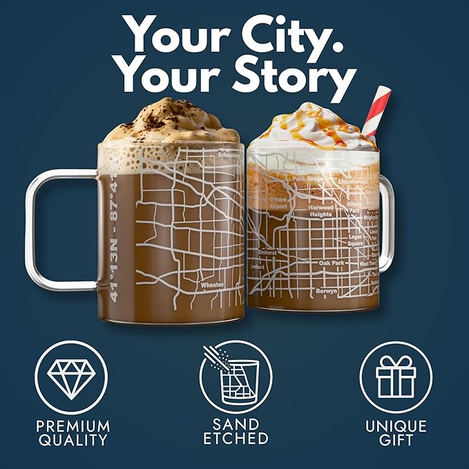 Greenline Goods – Chicago, IL Map Glass Coffee Mugs (Set of 2), 16 oz – Etched Wrap Design