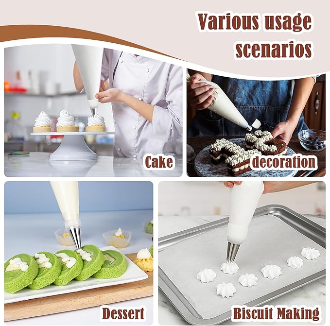 14-Piece Reusable Piping Bags and Tips Set-16inch Cotton Baking Kit with Coupler, Stainless Steel Nozzles,Silicone Cable Ties& Cleaner for Cakes/Cupcakes/Cookies Decorating