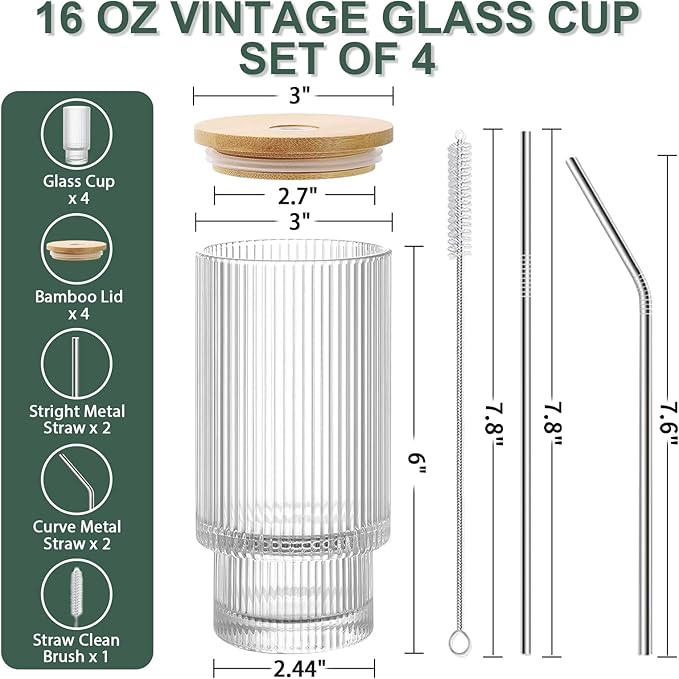 16oz Glass Cups with Lids and Straws - 4 Pack Iced Coffee Cups, Clear Tumbler with Bamboo Lid & Straw, Reusable Ribbed Glassware for Matcha, Smoothie, Cocktail,Juice