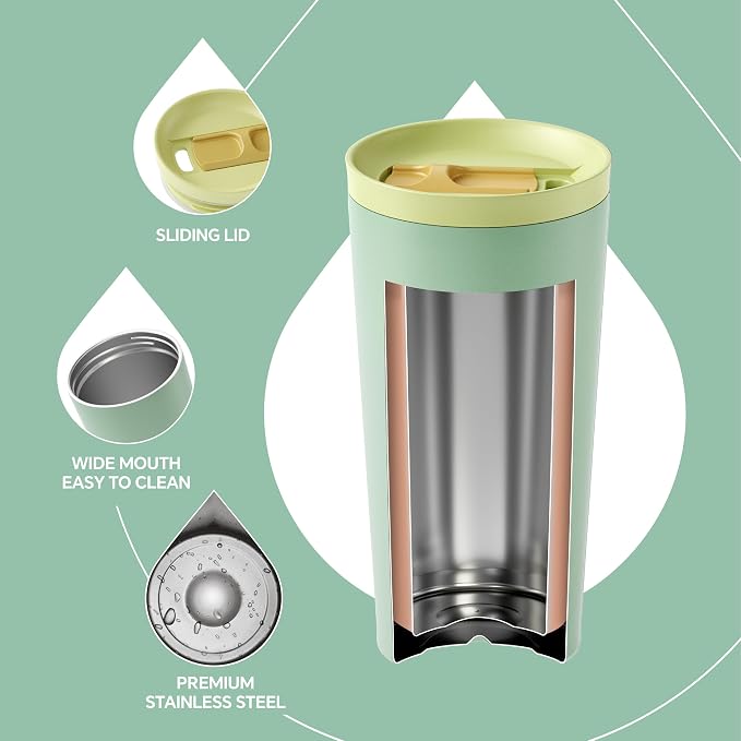 Ideus 17 oz Travel Coffee Mug, Double Wall Vacuum Stainless Steel Insulated Coffee Tumbler With Lid, Splash-Proof & Cup Holder Friendly, Keeps Drinks Hot/Cold, Dishwasher Safe, Mint Green - Image 4
