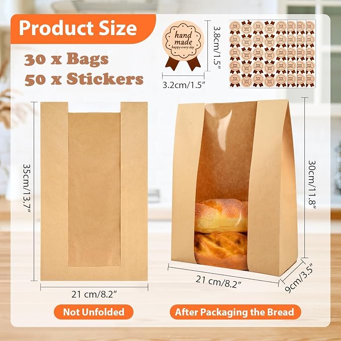 30 Pcs Bread Bags for Homemade, ROOKEA Sourdough Bread Bags with Window for Baked Paper Packaging with Sealing Stickers Bakery Cookie Food Snack Storage Large Kraft Paper 13.7x8.2x3.5 inch - Image 2