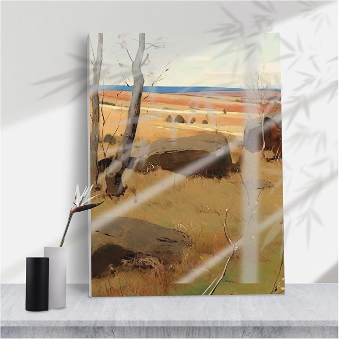 Rustic Autumn Prairie Landscape Wall Decor,Impressionist Large Boulders Bare Trees Golden Fields for Warm Earthy Home Decor,8''x12'' Framed Modern Canvas Wall Art by Unknown