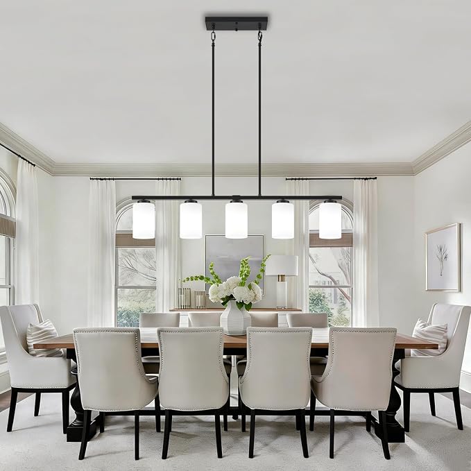 Modern Kitchen Island Lighting, Dining Room Light Fixtures Over Table | 37'' Black Island Lights for Kitchen, 5-Light Farmhouse Linear Chandeliers White Frosted Glass Shade, Adjustable Height - Image 9