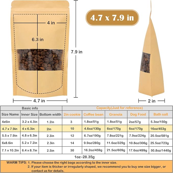 50 Pack Kraft Paper Resealable Bags with Clear Window (4.7 X 7.9 Inches) | Heat Sealable Stand Up Pouch Bags with Tear Notches for Small Business, Spices, Granola Storage - Image 2