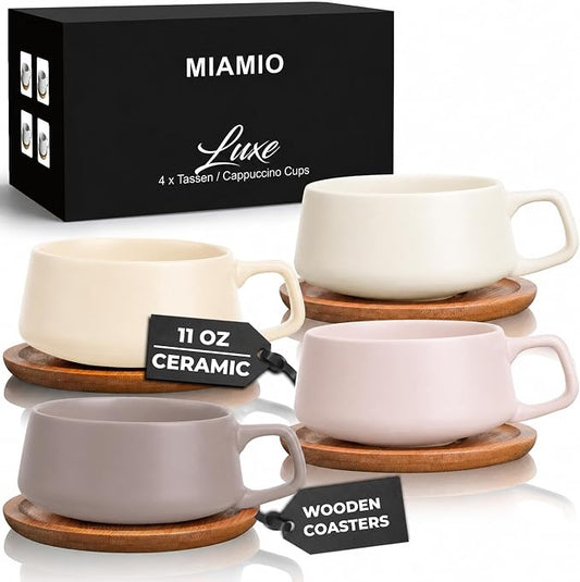 MIAMIO - Cappuccino Cup Set of 4, Ceramic, Wide (9.5oz) - Luxe (Cream Rose) | Ceramic cappuccino cups and saucers, wide latte cups and mugs for Americano, 4-piece set of ceramic cups, dishwasher safe by MIAMIO