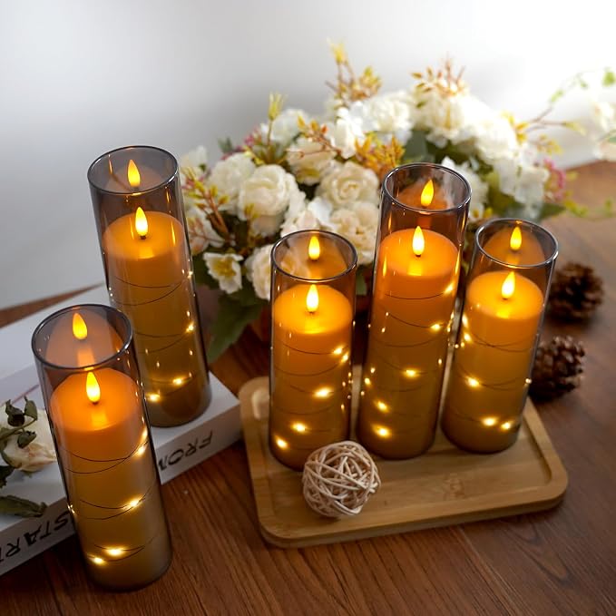 Flameless Candles,with Embedded Star String, Battery Operated Candles Flickering LED Pillar Candles with Remote Control and Timer, Home Decoration Add a Warm and Romantic Atmosphere，Set of 7 (Grey) - Image 4