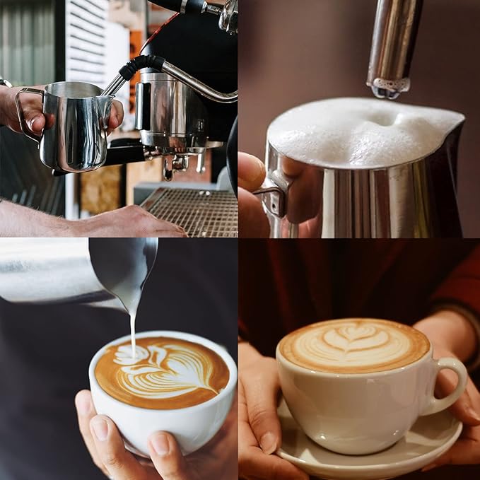 Milk Frothing Pitcher, 20oz Espresso Steaming Pitchers Stainless Steel Milk Coffee Cappuccino Barista Steam Pitchers Milk Jug Cup with Decorating Pen Latte Art, Gold