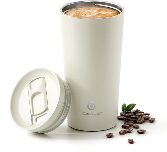 Ideus 17 oz Travel Coffee Mug, Double Wall Vacuum Stainless Steel Insulated Coffee Tumbler With Lid, Splash-Proof & Cup Holder Friendly, Keeps Drinks Hot/Cold, Dishwasher Safe, White by IDEUS