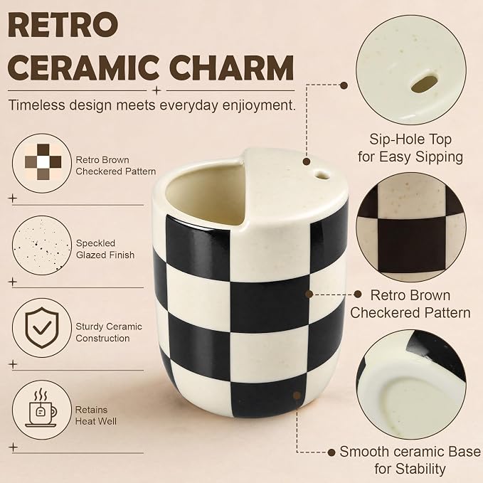 Ceramic Mug with Sip Hole 10 oz Novelty Checkered Coffee Mug | Hand Painted, Ceramic Cup, Heat Resistant, Non Slip, Built in One Lid Handcrafted Mugs for Coffee Lovers - Image 3