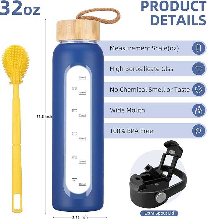 32 oz Glass Water Bottle with 2 Lids-Handle Straw Lid & Bamboo Lid,1 Liter Motivataional Tumbler Water Bottle Time Marker, Borosilicate Glass Water Bottles With Silicone Sleeve, Leakproof