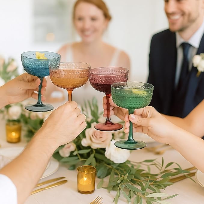 Khen Muted Hobnail Coupes Vintage Textured Pastel Style Cocktail Martini Champagne Saucer Retro Colored Glass Goblets Set of 4 10.15oz Durable Glassware Decorative Barware Classic Party Drink - Image 6