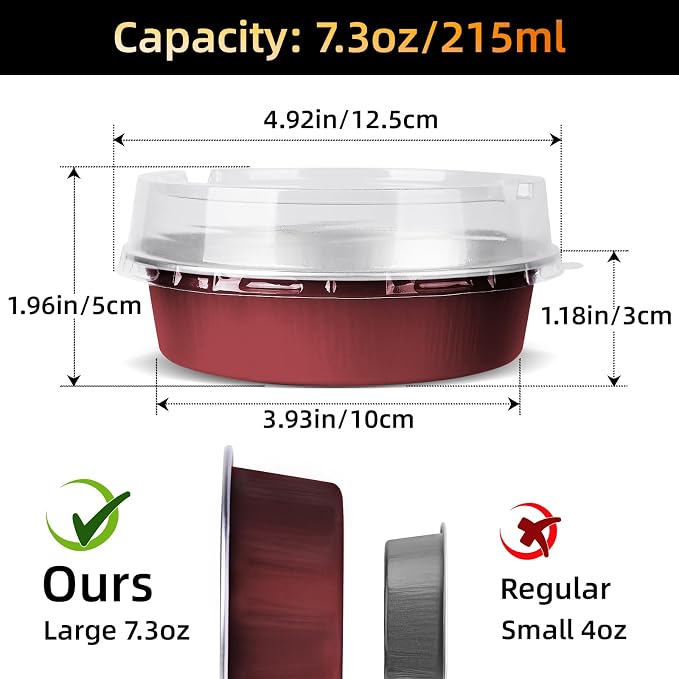Beasea Disposable Mini Pie Tins with Lids, 120 Pack 4” 7.3oz 215ml Small Round Aluminum Baking Tart Foil Container for Individual Dessert Cupcake Cheesecake Ramekin Quiche Oven Dishes - Wine Red - Image 2