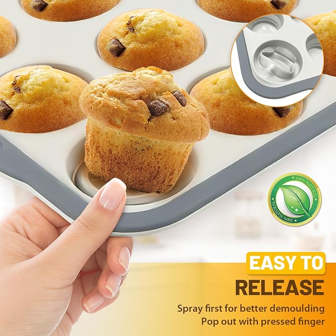 Silicone Muffin Pan, 12 Cups Non-Stick Cupcake Pan, Food-Grade BPA-Free Muffin Tin, Oven-Safe 450 °F, Reinforced Steel Frame, Easy-Grab Handles, Quick-Release 2.3" Baking Molds for Mini Treats - Image 4