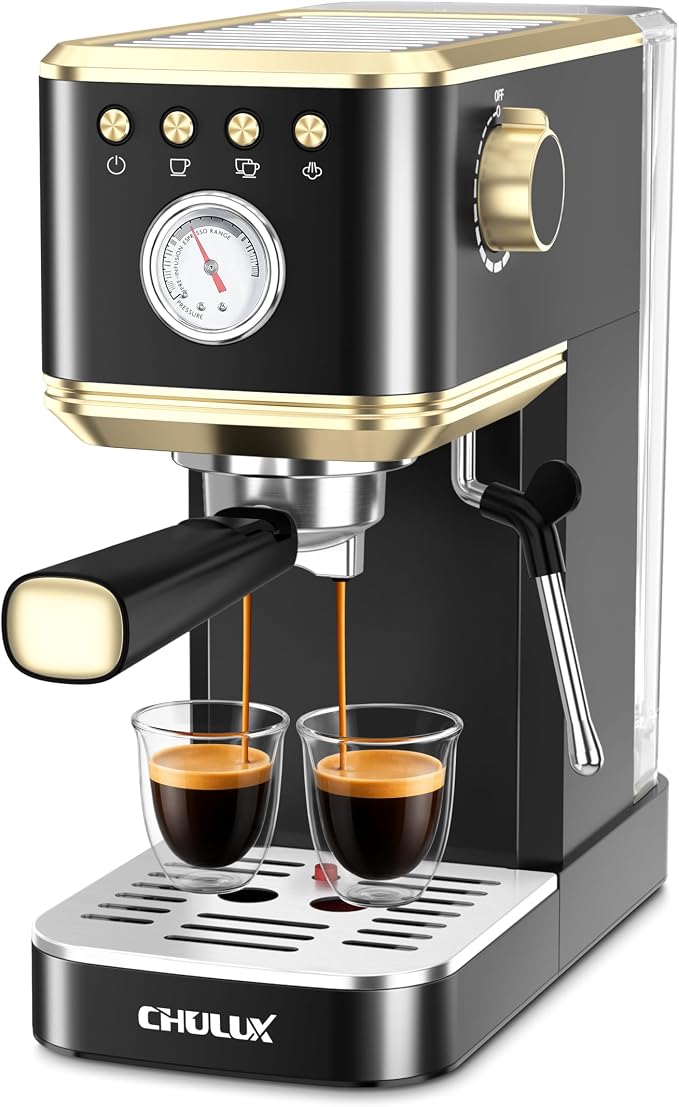 CHULUX Slim Espresso Machine with Milk Frother for Home Latte, Black & Gold | Precise Pressure Gauge, Food-Grade Materials, 20 Bar Italian Pump, Professional Temperature Control System, Stainless Steel by CHULUX