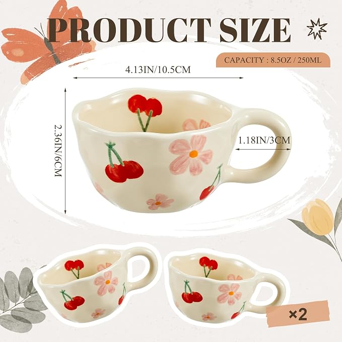 Vesici 2 Pcs Ceramic Coffee Mugs with Spoon, Vintage Floral Spring Mugs with Handle, 8.5 oz Aesthetic Flower Porcelain Tea Cup Set, Dishwasher & Microwave Safe Mothers Day Gifts for Mom(Cherry) - Image 2
