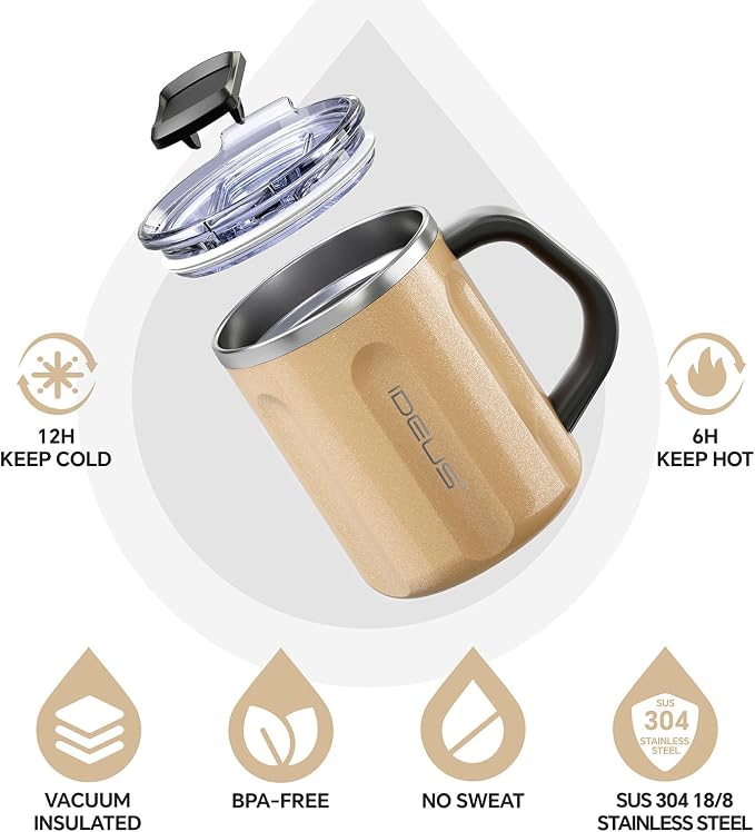 Ideus 16 oz Insulated Coffee Mug with Handle and Lid, Double Wall Stainless Steel Vacuum Thermal Coffee Mug, Travel Coffee Cup Thermal Cup for Home and Office, Golden-FUJI FLOW - Image 2
