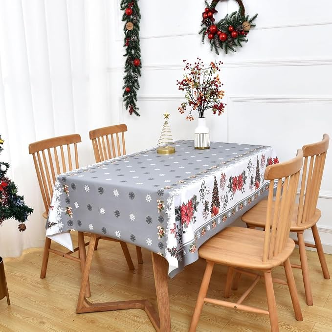 Christmas Table Cloth Rectangle Heavy Duty Vinyl Grey Christmas Tablecloth Plastic Reusable Santa Tablecloth Wpieable Waterproof PVC Xmas Table Cover for Dining Party New Year(Gray, 54"x78") - Image 7