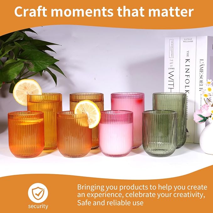 Set of 8 Dopamine-colored-match Ribbed Glassware,4 Highball Glasses 14oz & 4 Rocks Drinking Glasses 9oz, Origami Style, Fluted Design, for Daily use, Water, Cocktail, Whiskey, Kitchen, Gift - Image 8