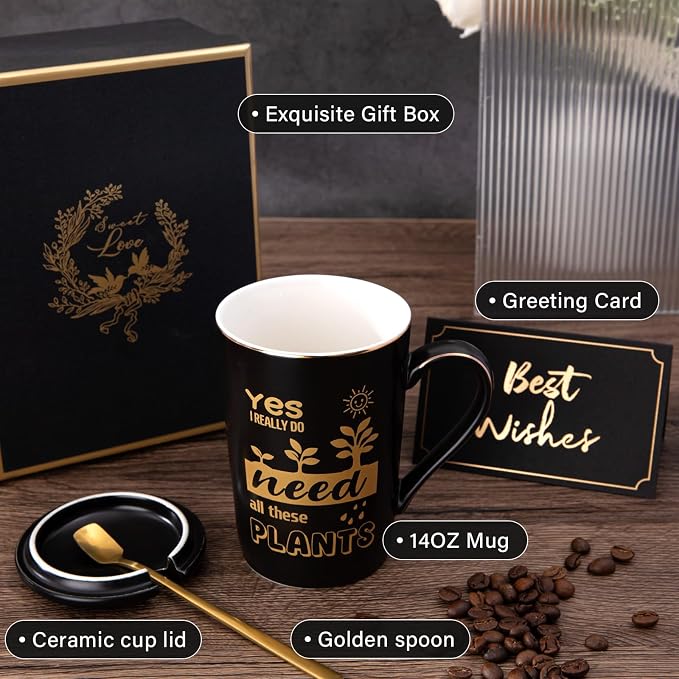 Biching Gardening Gifts for Women Men - Cool Plant Lover Gifts Coffee Mug | Garden Gifts for Gardeners, Plant Lady, Mom, Dad, Son - 14oz Black Ceramic Mug with Gold Print Lid Spoon Card Luxury Gift Box - Image 5