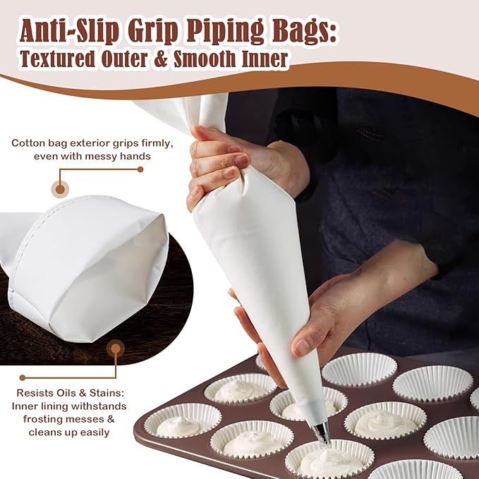 9-Piece Reusable Piping Bags and Tips Set-16inch Cotton Baking Kit with Coupler, Stainless Steel Nozzles & Cleaner for Cakes/Cupcakes/Cookies Decorating