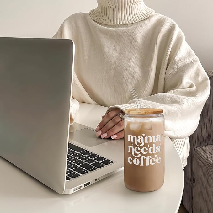 SANDJEST Mom Glass Can, Mama Needs Coffee Cup with Lid & Straw, Iced Coffee Aesthetic Cups, Idea Gifts for Christmas Birthday Mother Day, Gifts for Women, 16oz