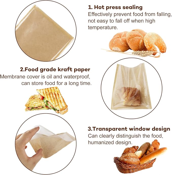 Bakery Bags Visible Dessert Bags with Window, Greaseproof Heat Seal Kraft Paper, Suitable Baked Goods Packaging for Donuts, Bakery Snacks, Sandwiches, Sandies, Cookies (S-100PCS + L-100PCS, Brown) - Image 3