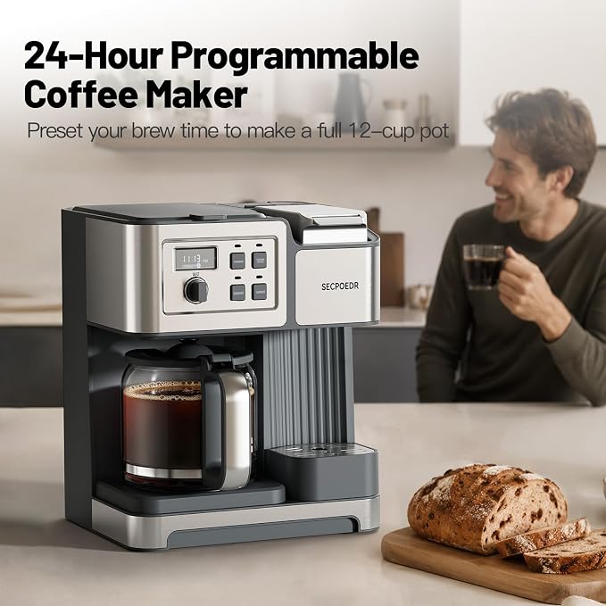 2-Way 12-Cup Programmable Brewer Coffee Maker (Silver) | Compatible with K-Cup Pods & Grounds, Single Serve & Full 12 Cup Pot, 4H Keep Warm, Fast Brewing for Home & Office Use - Image 8