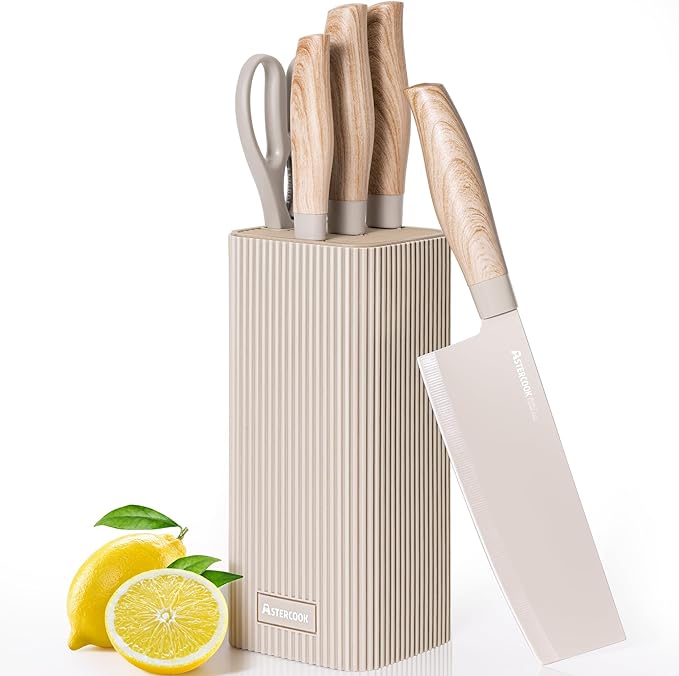 Astercook Knife Set, 6-Piece Kitchen Knife Set with Block, High Carbon Stainless Steel Ultra Sharp Kitchen Knives, Wood Grain Handle, Dishwasher Safe Knife Block Set, Khaki, Kitchen Utility Knives by Astercook