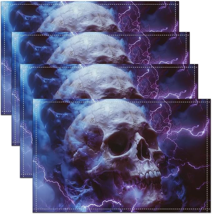 Feelyou Sugar Skull Placemats for Dining Table Indoor Outdoor Kitchen 12"x18" Gothic Skull Placemats Set of 4 Halloween Themed Table Mats Placemat Bones Decor Table Place Mats, Purple Gray by Feelyou
