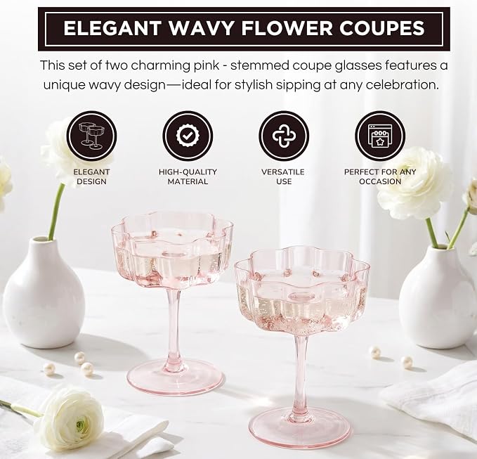 Khen Flower Vintage Wavy Petals Wave Glass Coupes 7oz Colorful Martini, Champagne & Cocktails - 2 Set - Rippled & Champagne Glasses, Bar Glassware Copyright Design (Pink) - Image 4