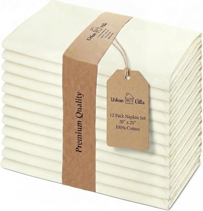 Urban Villa Cloth Napkins Cotton 20x20 (Set of 12) Ivory by CottonTrends