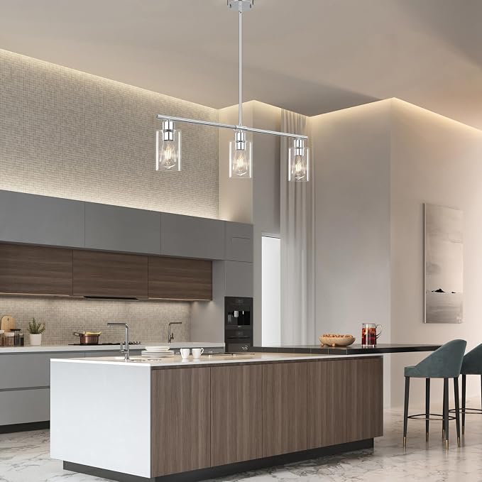Kitchen Island Lighting, 3 Lights Linear Chandeliers Rectangle Pendant Light Fixtures for Dining Room Farmhouse Hanging Light with Glass Shades(Chrome) - Image 2